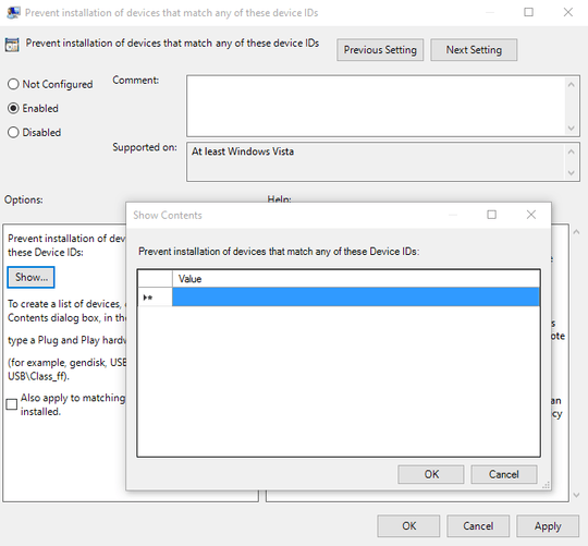 Screenshot of Group Policy Editor dialog for preventing installation of devices that match a particular device ID
